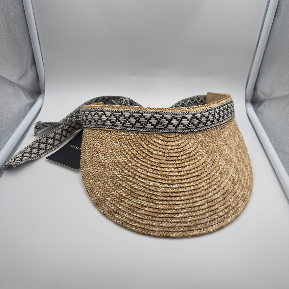 Gigi Pip Straw Visor Hat Tan Woven Boho Sun Hat Black White Patterned Tie NWT